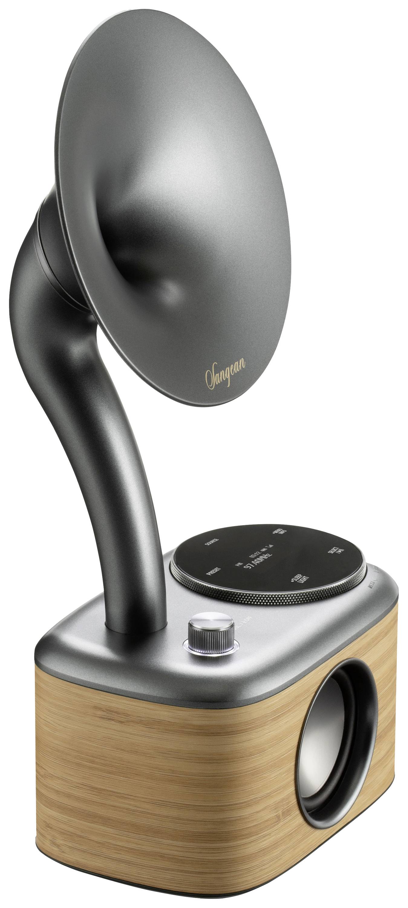 Ein moderner Lautsprecher im Retro-Stil mit einem trompetenförmigen Schalltrichter auf einem quadratischen Holzsockel mit Bedienelementen.