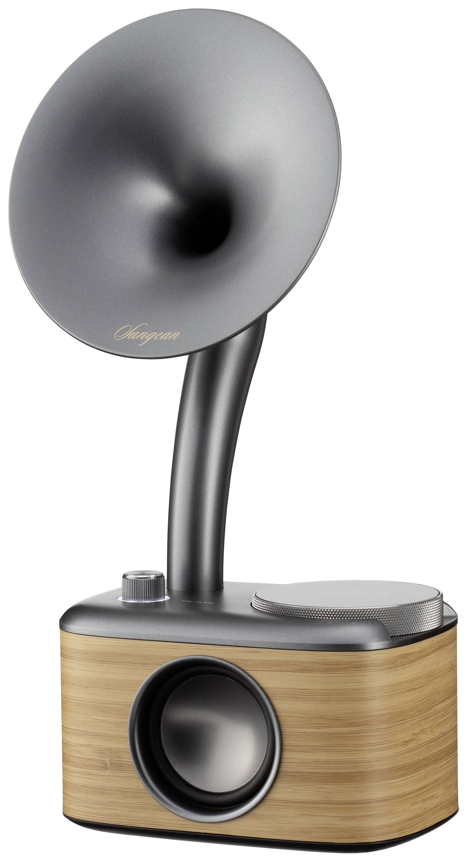 Ein moderner Lautsprecher mit einem Design, das an einen alten Grammophontrichter erinnert. Holzoptik und Metallakzente.
