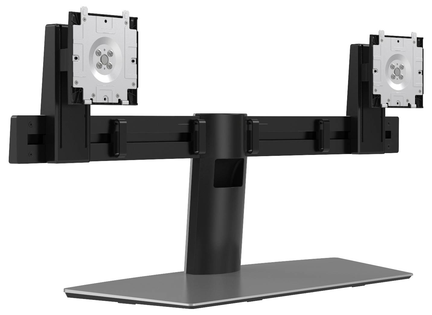 Ein Dual-Monitor-Ständer mit verstellbaren Halterungen auf einer stabilen Basis, entwickelt zum Halten von zwei Flachbildschirmen in einer Arbeitsplatzumgebung.