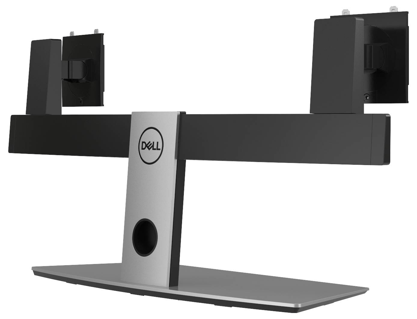 Dell Doppel-Monitorständer mit zwei VESA-Halterungen, entwickelt zum Halten von zwei Monitoren, mit zentraler Stützsäule und breiter, stabiler Basis.