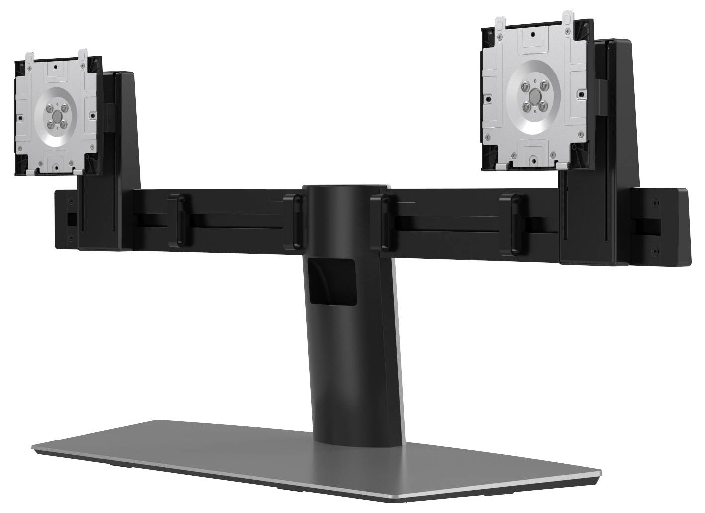 Ein Dual-Monitor-Ständer mit verstellbaren Armen und VESA-Halterungen auf einer flachen Basis, entwickelt zum seitlichen Nebeneinanderstellen von zwei Bildschirmen für ergonomisches Betrachten.