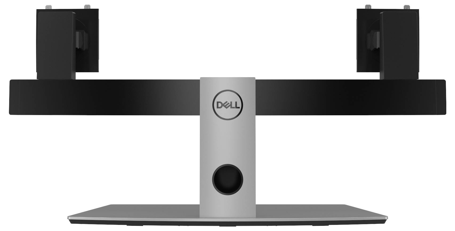 Dell Doppelmonitorständer mit rechteckiger Basis und verstellbaren Armen zum Halten von zwei Monitoren, der eine stabile Einrichtung für einen übersichtlicheren Arbeitsbereich bietet.
