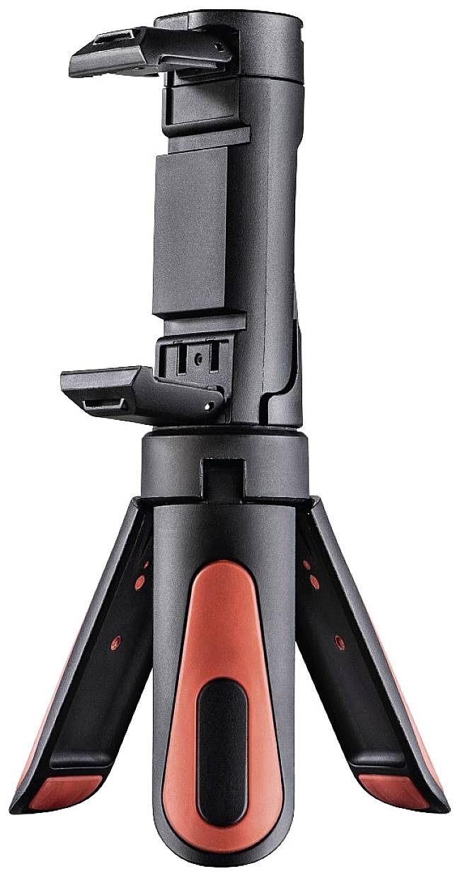 Ein kompaktes, zusammenklappbares Stativ mit rotem und schwarzem Design, geeignet für das Halten und Stabilisieren von Kameras oder Smartphones.