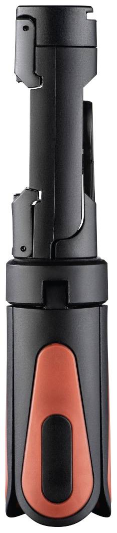 Ein zusammenklappbares schwarzes und rotes Stativ mit kompaktem Design, geeignet für mobile Geräte. Ideal für Reisen und Outdoor-Aktivitäten.