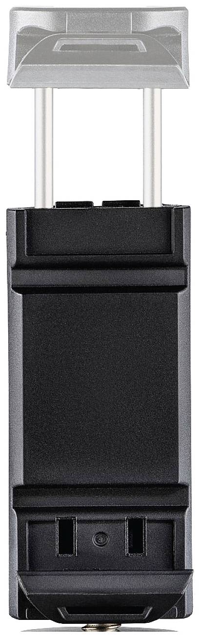 Ein schwarzer elektrischer Steckdosenadapter mit zwei Steckplätzen und einer silbernen Schutzabdeckung oben.