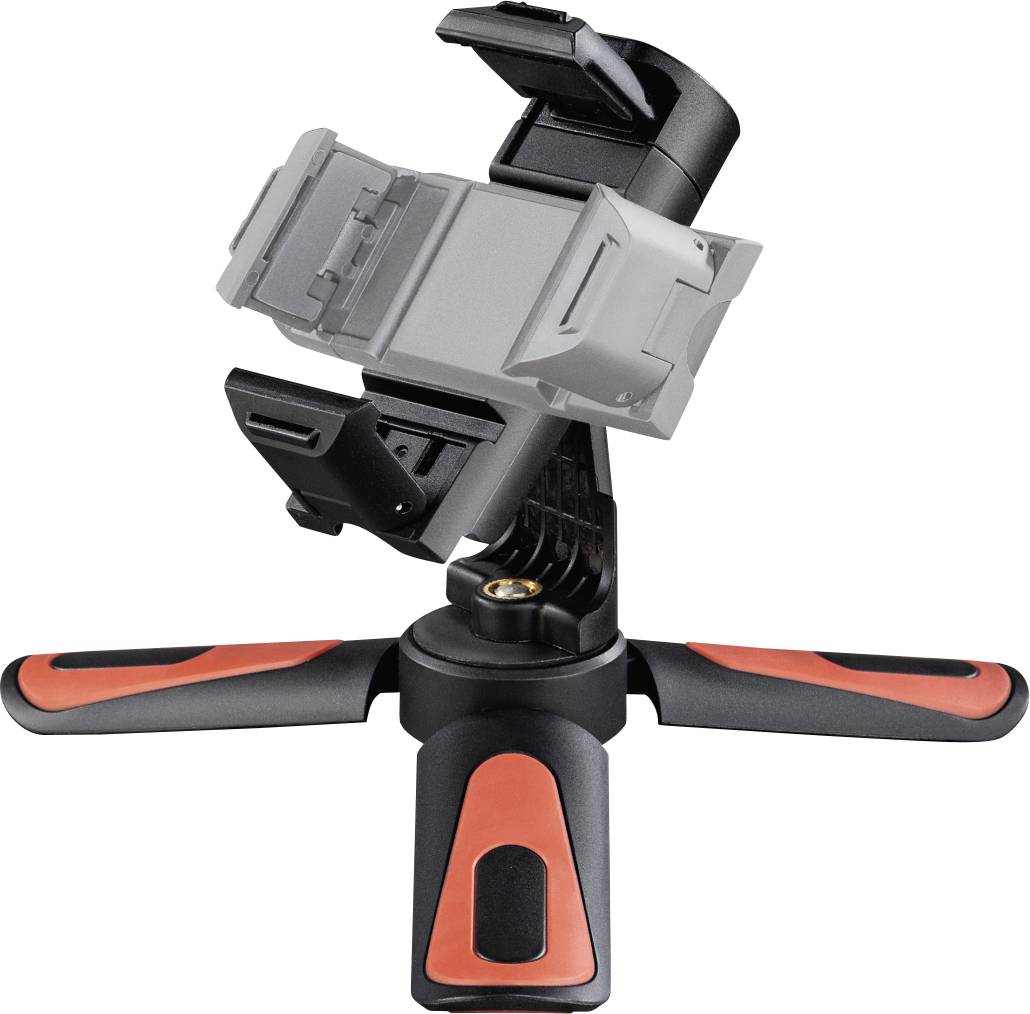 Ein kompakter, schwarzer und roter Smartphone-Halter mit einstellbarem Stativ, geeignet für stabile Foto- oder Videoaufnahmen.