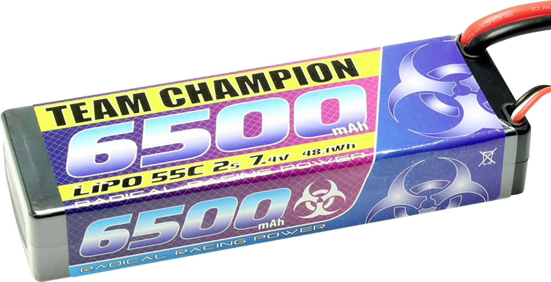 LiPo-Akku mit Aufschrift 'TEAM CHAMPION 6500 mAh', 55C, 7.4V, 48.1Wh. Farbiges Design mit Symbolen auf der Verpackung.