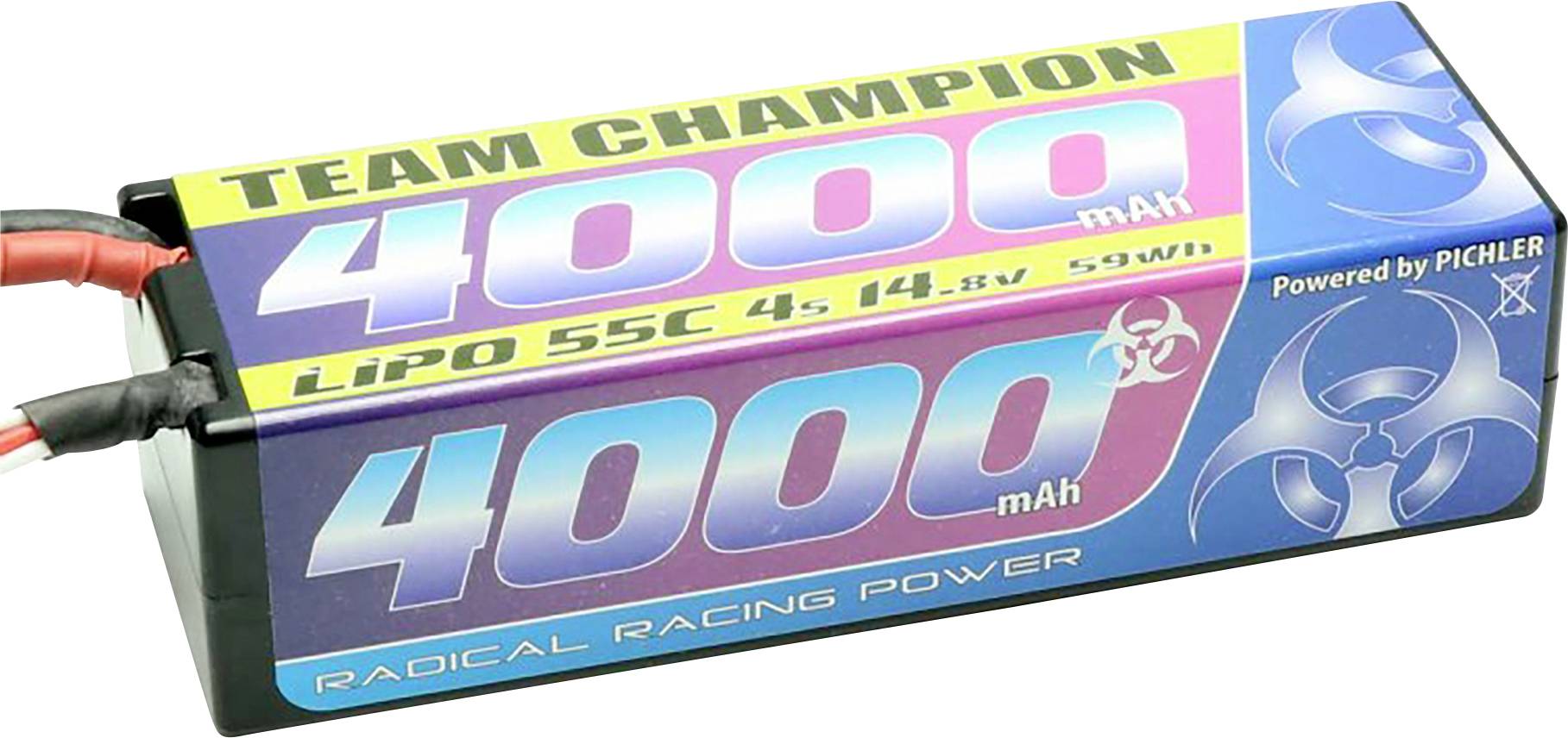 'Team Champion 4000 mAh' Lithium-Polymer-Akku (LiPo) mit 14,8V, 55C. Design in Blau und Lila. Power by Pichler.