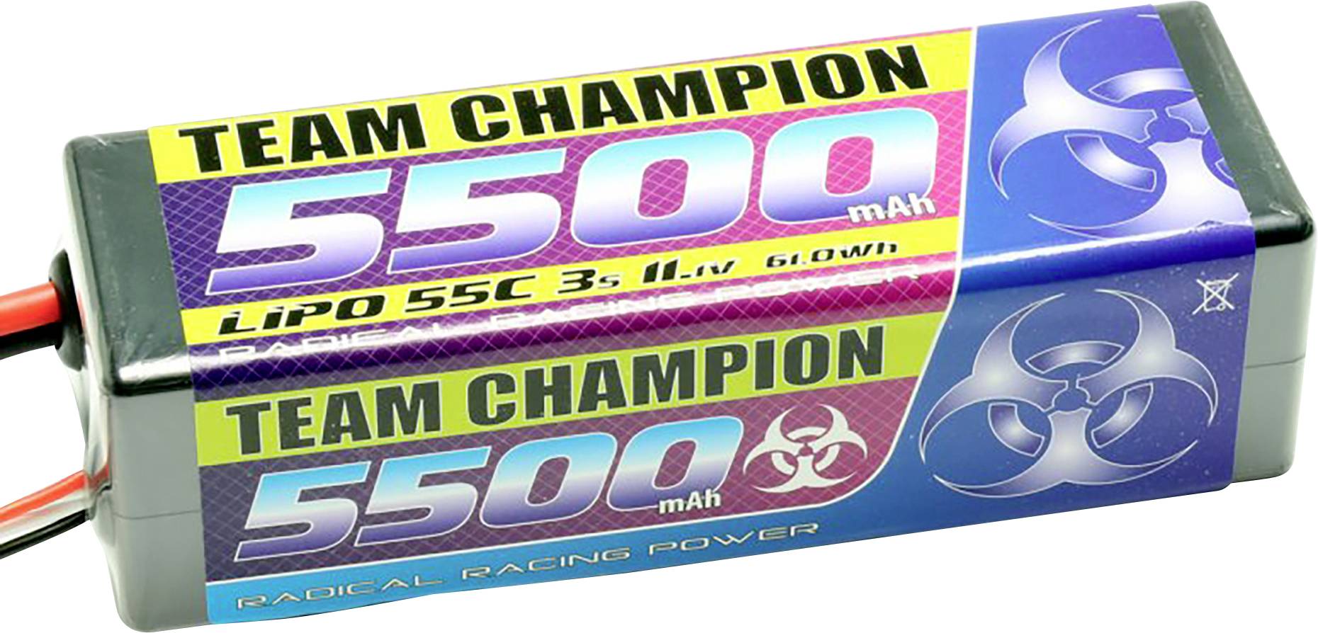 'Team Champion' LiPo-Akku mit 5500 mAh, 55C, 3S, 11,1V, 61,05Wh. Geeignet für Modellbau mit hoher Leistung, auffälliges Design.