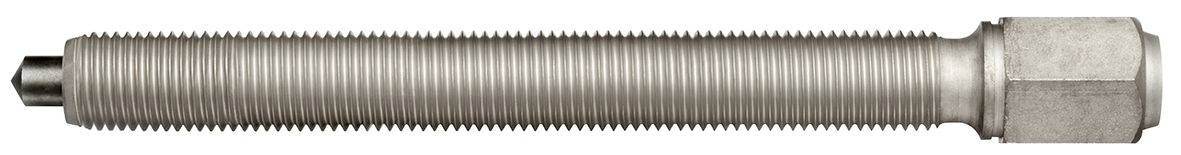 Metallischer, zylindrischer Sensor mit gerippter Oberfläche und einer Sechskantmutter am Ende, vermutlich ein Induktionssensor.
