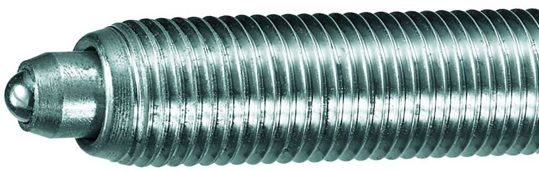 Nahaufnahme eines metallischen, zylindrischen Objekts mit Gewinde und einer abgerundeten Spitze, das möglicherweise einen technischen Zweck erfüllt.