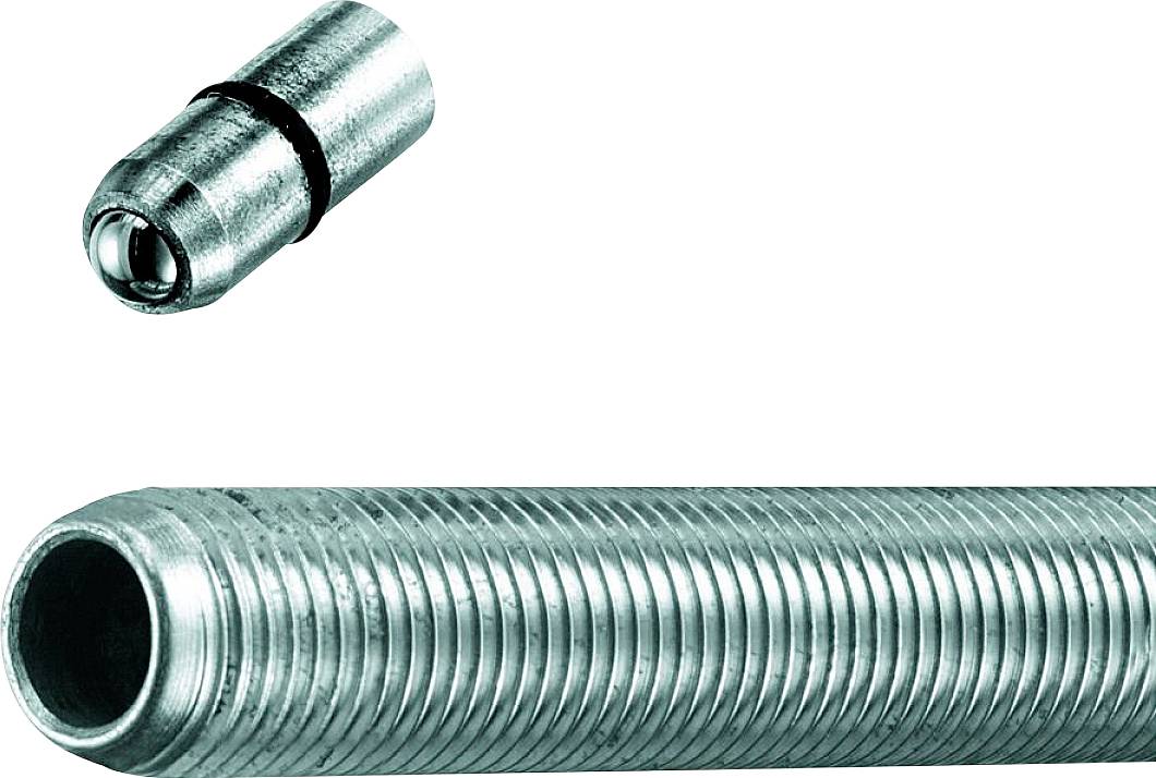 Metallrohr mit gerillter Oberfläche und abgerundetem Ende, das eine glatte Kugel ähnlich einem Kugellager enthält.