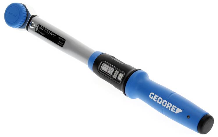 Ein blauer und silberner Drehmomentschlüssel mit digitaler Anzeige, mit dem Label 'GEDORE', der einen Messbereich von 20-100 Nm zeigt.