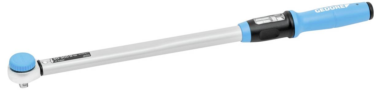 Ein blauer und schwarzer Drehmomentschlüssel mit einem langen Metallgriff, einem digitalen Display in der Nähe des Kopfes und der Beschriftung 'GEDORE'.
