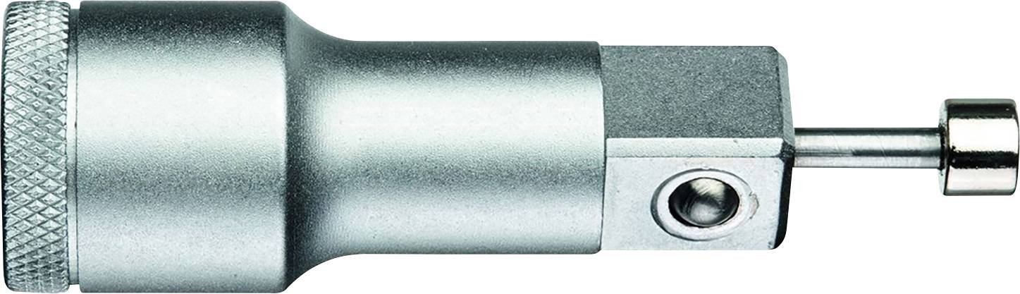Ein silbernes, zylinderförmiges mechanisches Werkzeug mit einem hervorstehenden Stift auf der rechten Seite.