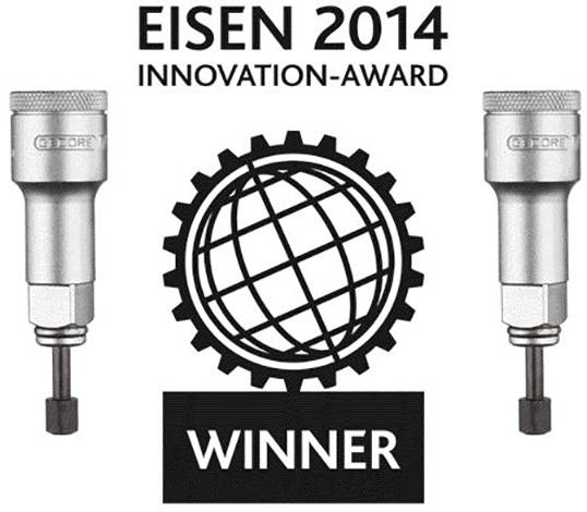 Das Bild zeigt eine Auszeichnung mit der Aufschrift 'EISEN 2014 INNOVATION-AWARD' über einem Zahnrad-Logo und 'WINNER' darunter.