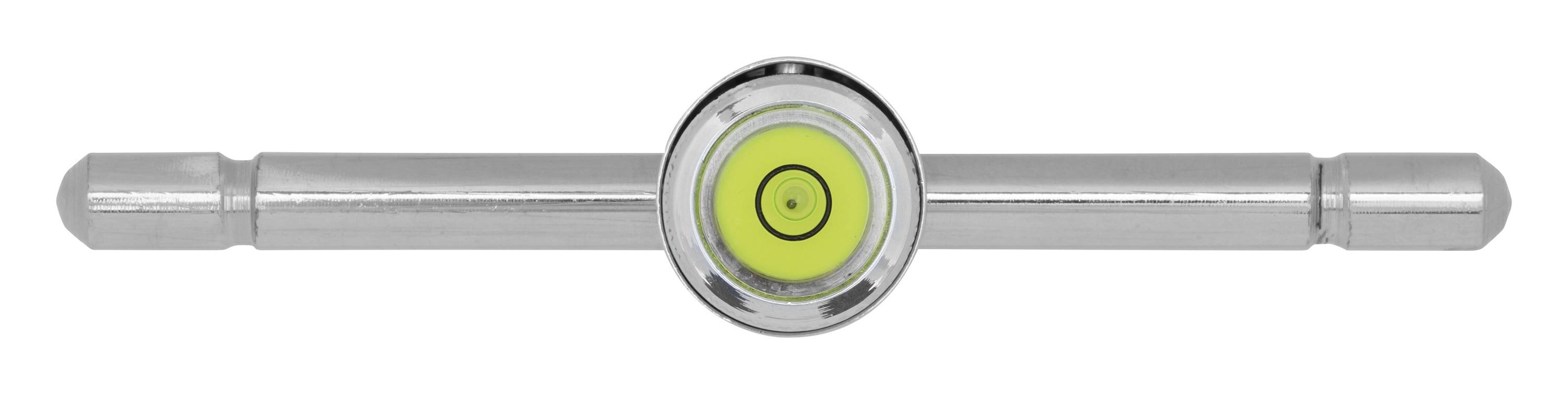 Wasserwaage mit kreisförmiger, gelber Libelle in der Mitte; Metallgehäuse mit symmetrischen Armen auf beiden Seiten.