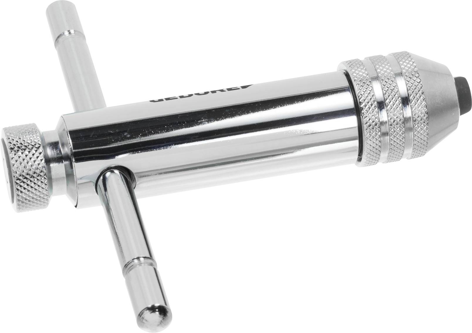 Ein silberner Drehmoment-Schraubenschlüssel mit einem T-förmigen Griff und gerändelten Enden, verwendet für präzise Befestigungen.