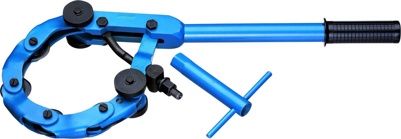 Ein blauer Rohrschneider mit einem kreisförmigen Klingenmechanismus und einem langen Griff, wird für das präzise Schneiden von Rohren verwendet.