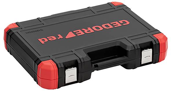 Ein schwarzer Werkzeugkoffer mit roten Ecken und dem Aufdruck 'GEDORE red' in Rot auf dem Deckel.