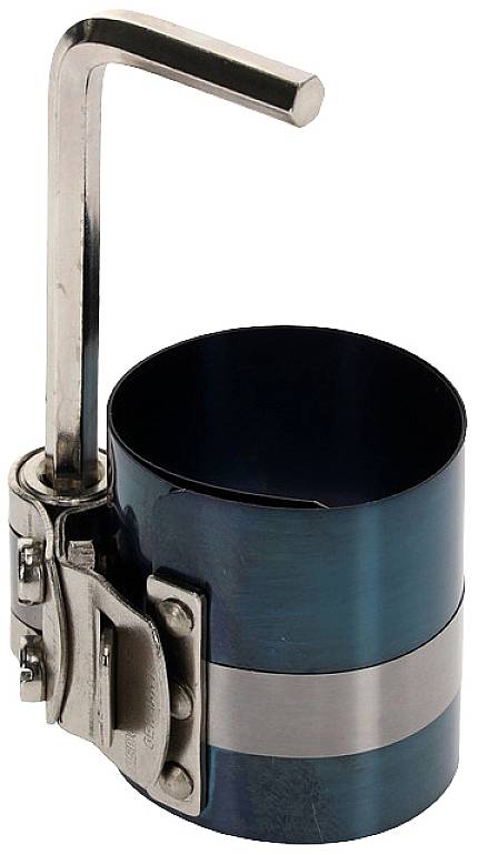 Ein Metall-Schlauchschellenwerkzeug mit einem blauen Band und einem L-förmigen Hebel, verwendet zum Klemmen von Objekten.