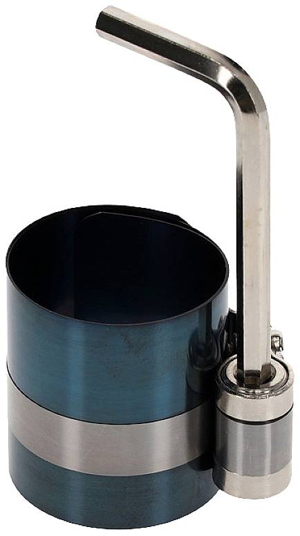 Ein blauer, zylindrischer Kolbenring-Kompressor mit silbernem Hebelgriff, verwendet in der Automobiltechnik zur Montage von Kolbenringen.