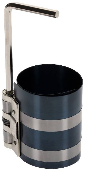 Ein schwarzer Kolbenringkompressor mit silbernen Streifen, neben einem rechtwinkligen Griff. Werkzeug zum Einbau von Kolbenringen.