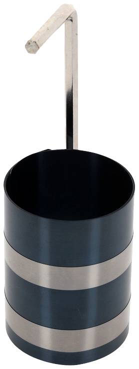 Ein schwarzer Zylinderbehälter mit zwei silbernen Streifen und einem metallischen Griff.
