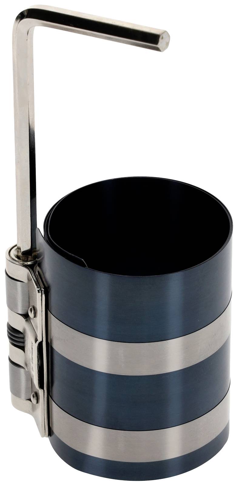 Metallische, zylindrische Vorrichtung mit zwei silbernen Bändern und einem L-förmigen Griff. Könnte für Haltezwecke verwendet werden.