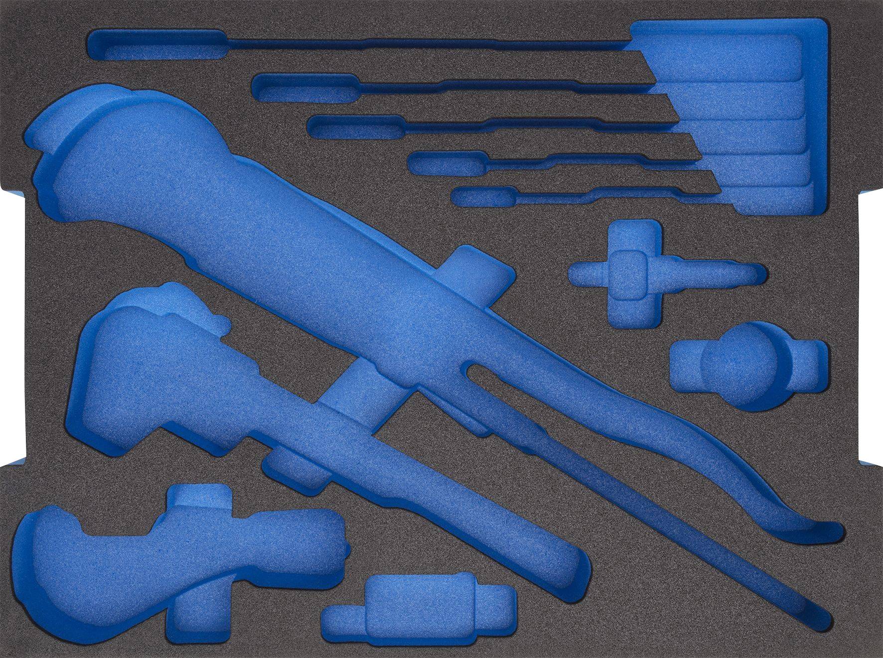 Blaue Schaumstoffeinlage mit Ausschnitten für Werkzeuge, in einer schwarzen rechteckigen Form, die für Organisation und Schutz dient.