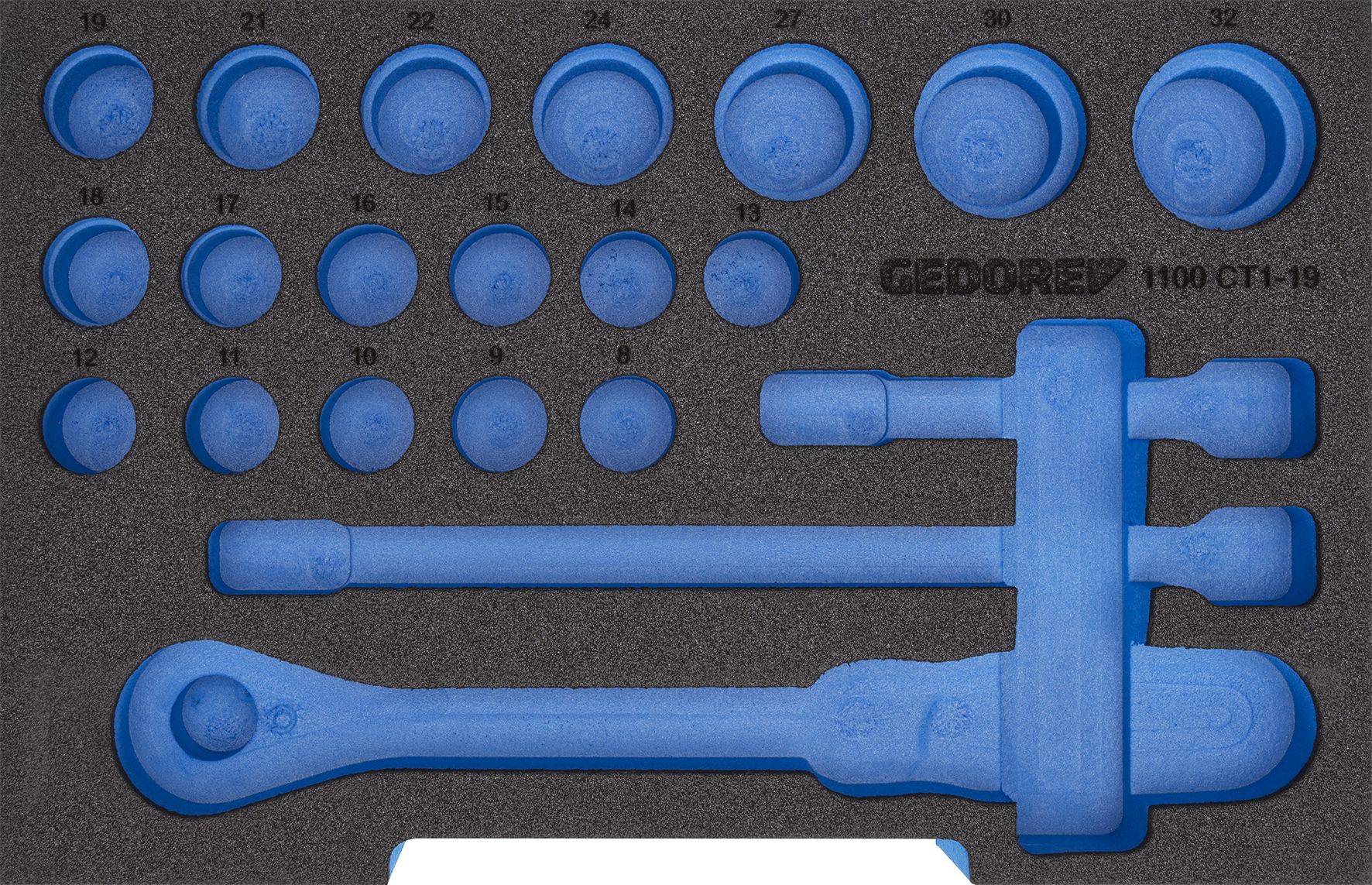 Werkzeug-Schaumstoffeinlage mit blauen Aussparungen für Stecknüsse und Handgriffe in verschiedenen Größen, Marke GEDORE.