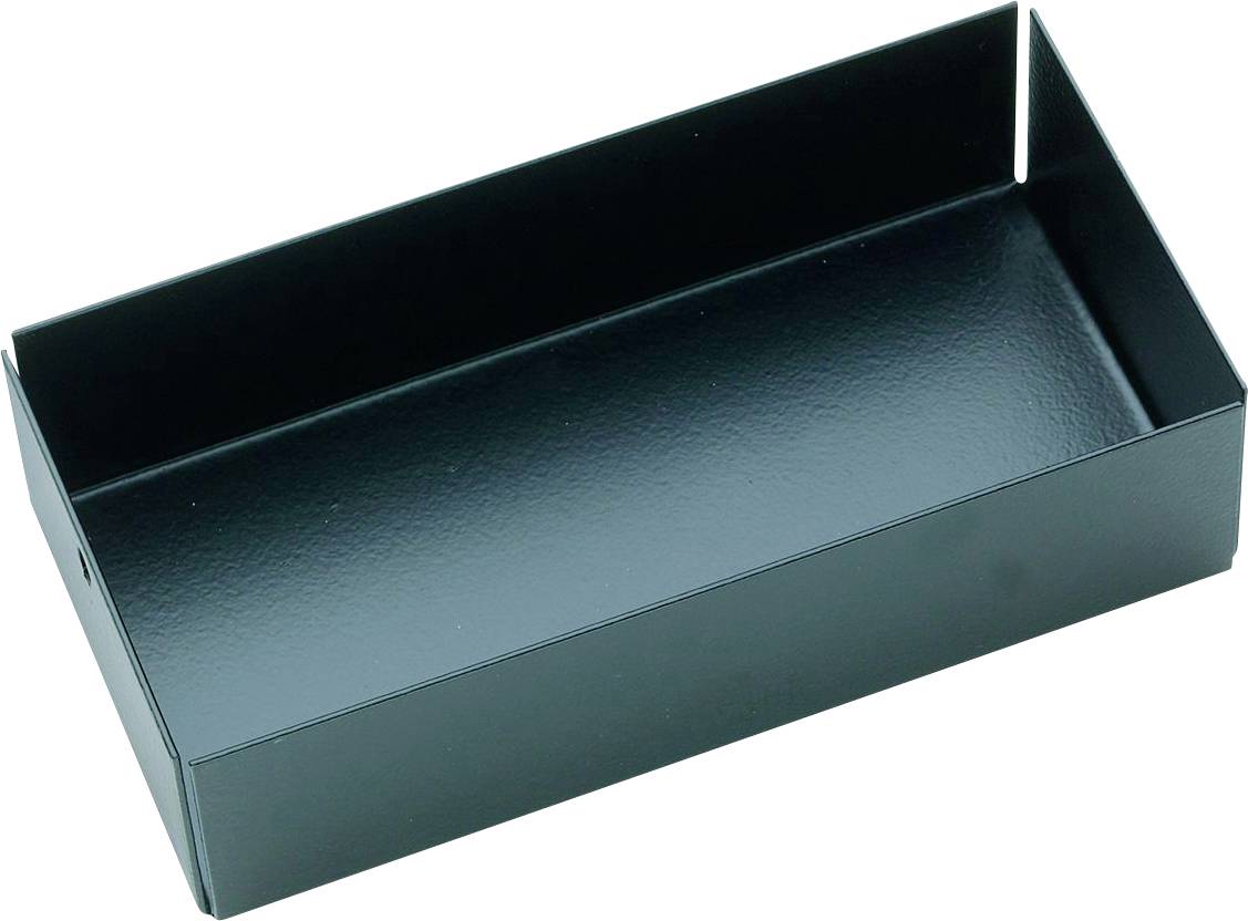 Schwarze rechteckige Metallbox mit offenem oberen Bereich und erhöhten Seiten.