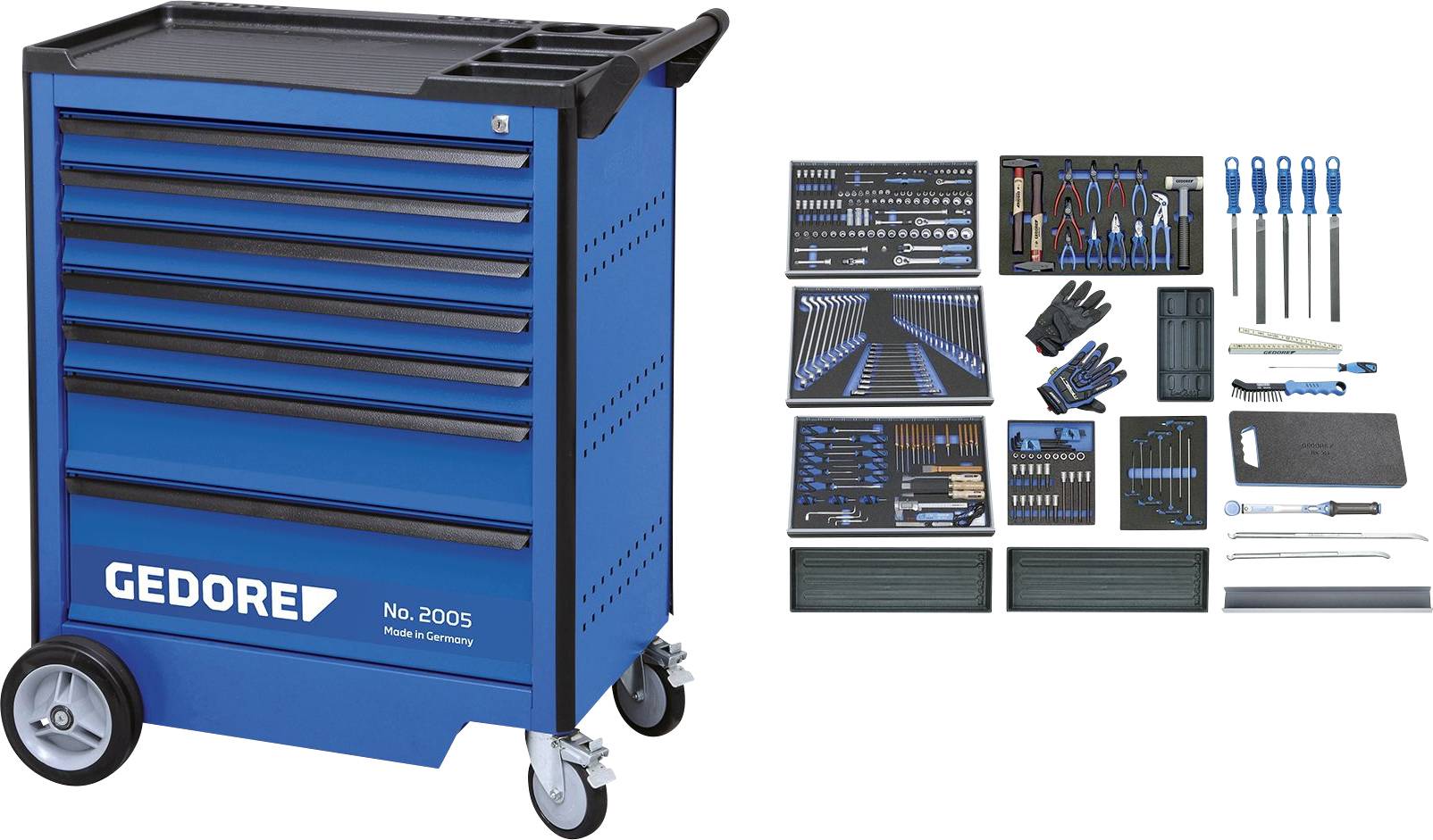 Blauer Werkstattwagen mit sechs Schubladen und Werkzeugen. Werkzeuge umfassen Zangen, Schraubenzieher, Handschuhe und Messwerkzeuge.