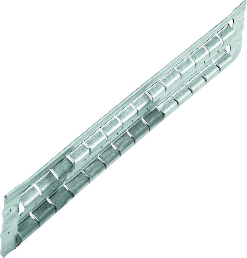 Ein langer, schmaler Metallstreifen mit gleichmäßig angeordneten kleinen Erhöhungen und Aussparungen.