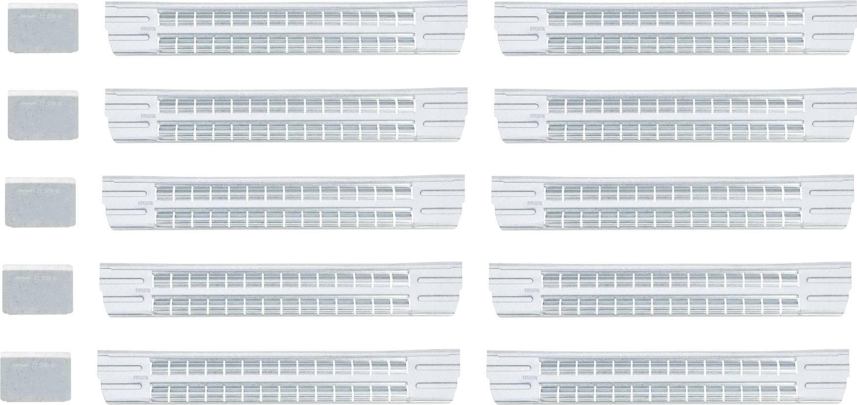 Akkordeon-Reedplatten in drei Reihen mit jeweils vier Platten. Jeder Reedplatte ist ein grauer Block beigefügt, der Noten repräsentieren könnte.