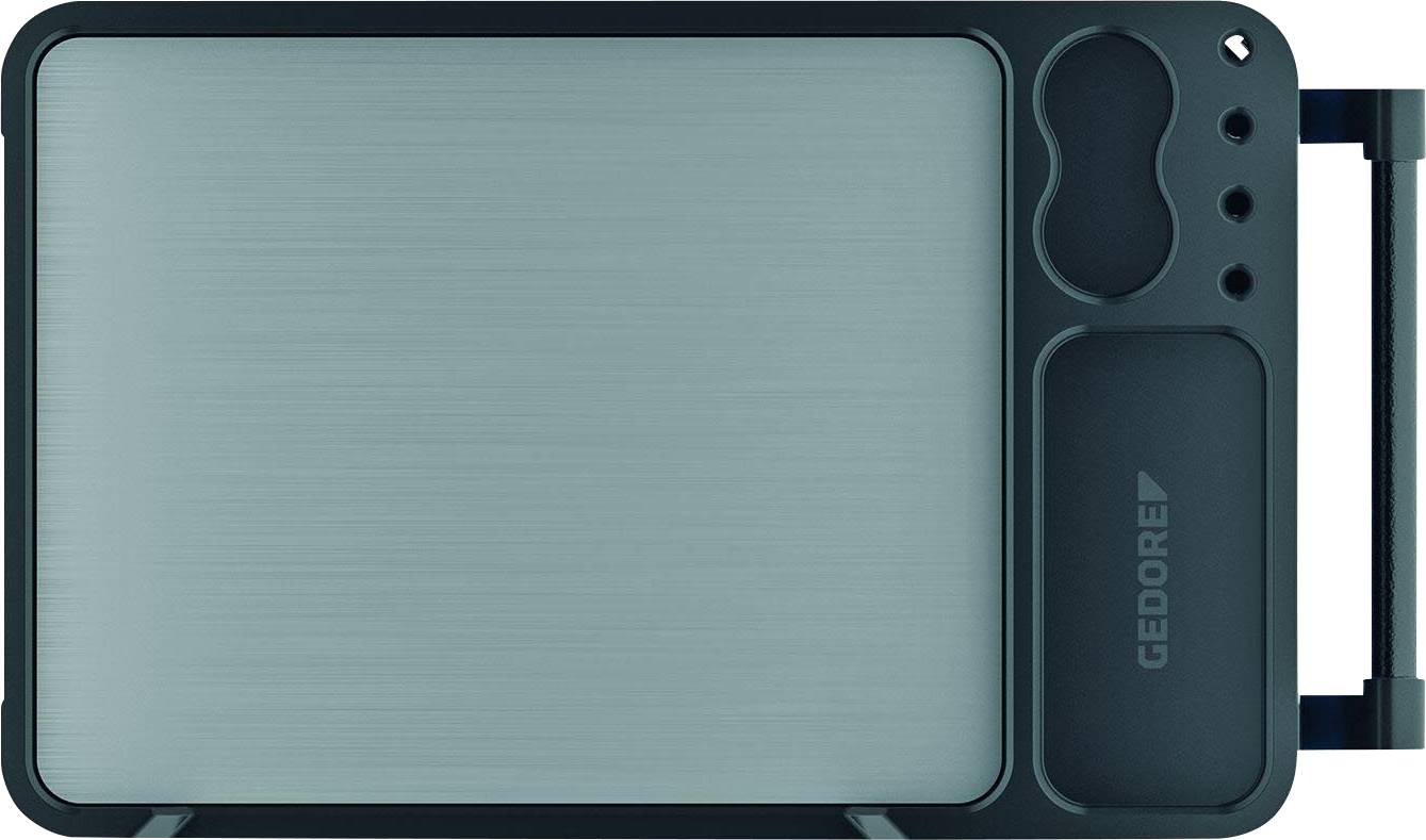 Metallisches Werkzeugtablett mit Fächern; rechts ist das Logo 'GEDORE' erkennbar.