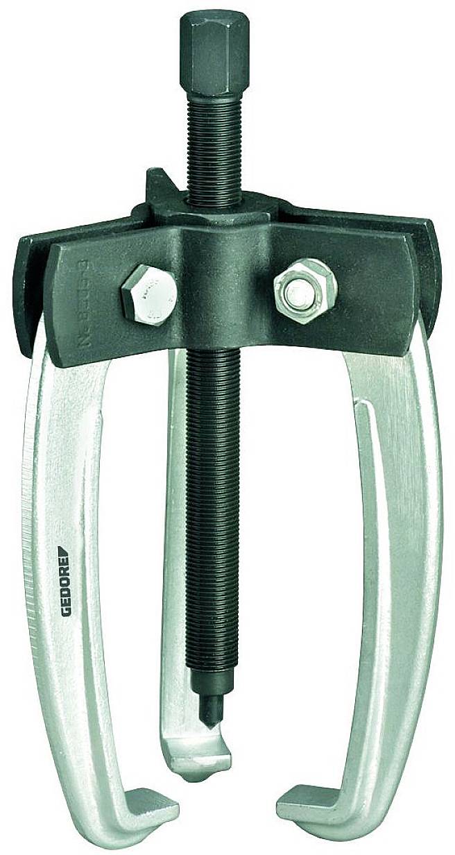 Zweibacken-Abzieher aus Metall mit einem zentralen Gewindebolzen, verwendet zum Entfernen von Zahnrädern oder Lagern von Wellen.