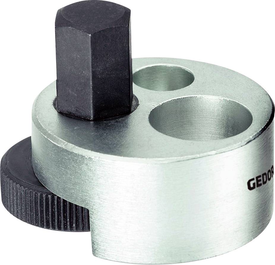 Metallisches Werkzeug mit sechseckigem Stift, zwei runden Vertiefungen und seitlichem Rädchen.