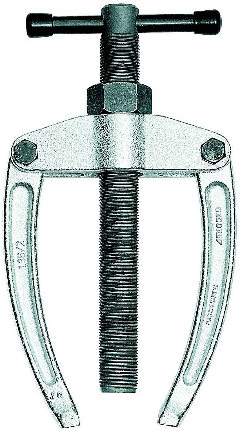 Zweiarmiger Abzieher, standardmäßiges Werkzeug zum Lösen festsitzender Teile wie Kugellager oder Riemenscheiben in Maschinen.