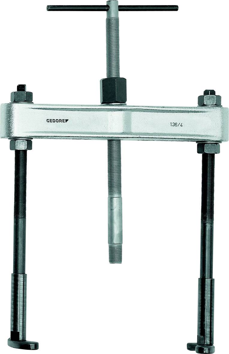 Ein zweibeiniger Abzieher aus Metall mit zentraler Spindel und Quergriff, verwendet zum Entfernen von Lagern oder Zahnrädern von Achsen.