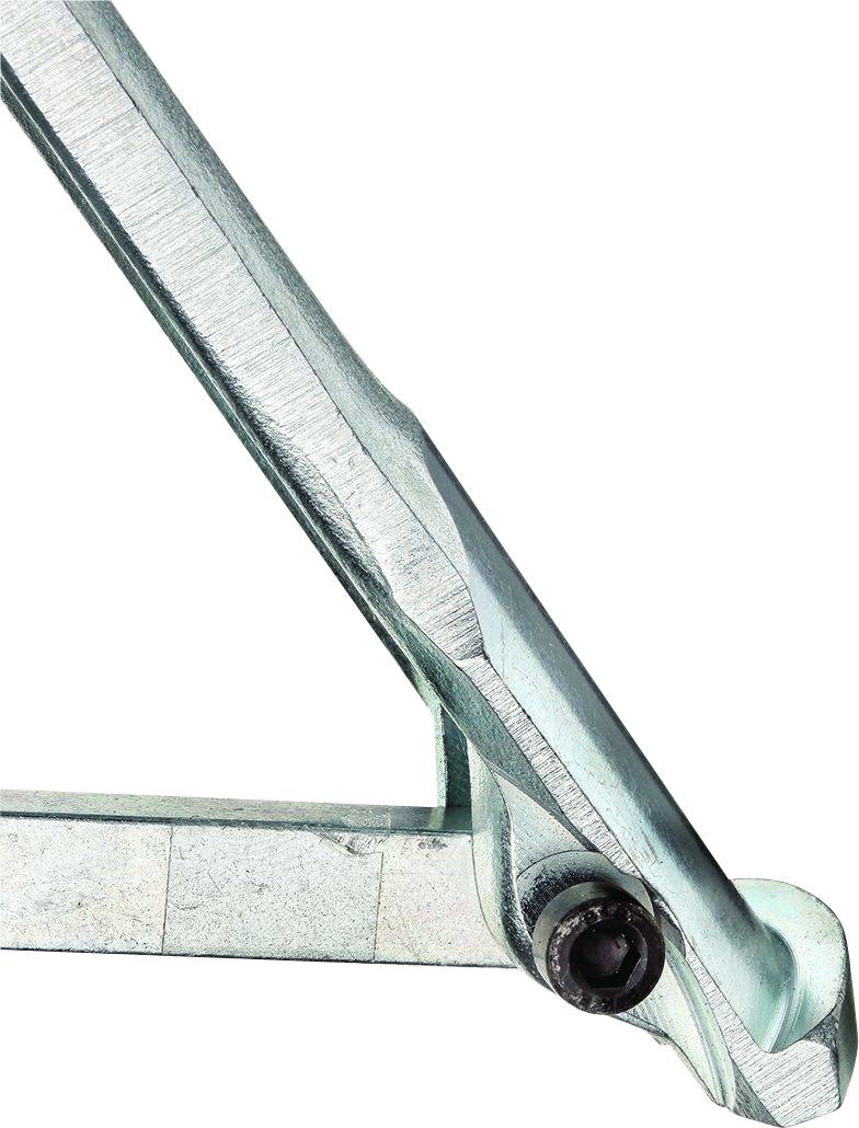 Nahaufnahme eines türkisfarbenen Fahrraddeichselteils aus Metall, mit klarer Sicht auf Schraube und Struktur des Deichsels.