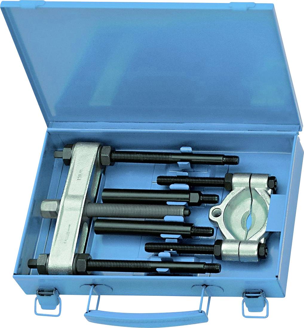 Ein blauer Werkzeugkoffer enthält ein Set von Abziehern. Sichtbar sind Schrauben, Muttern und Befestigungsteile. Geeignet für mechanische Arbeiten.