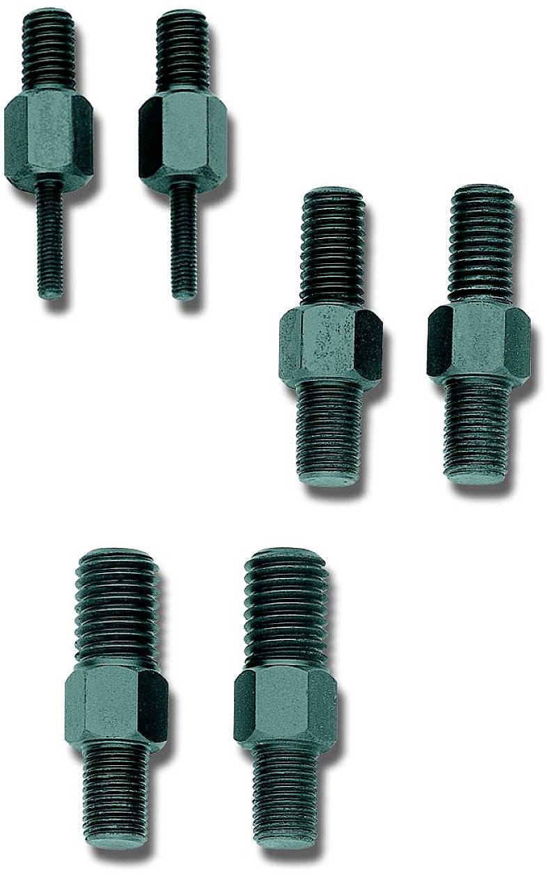 Sechs grüne Schraubenbolzen mit jeweils einem Mittelteil und zwei Gewindeenden, gleichmäßig im Bild angeordnet.