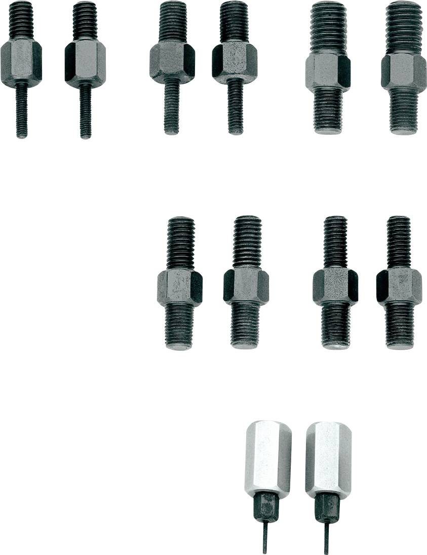 Sechs Metallbolzen mit Muttern und zwei benutzerdefinierte Adapter unten. Sie werden für mechanische Anwendungen genutzt.