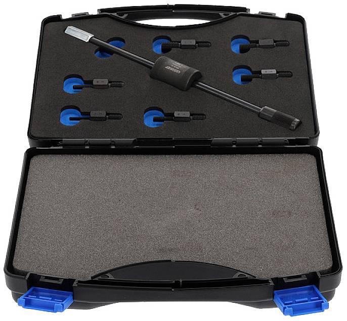 Ein schwarzer Koffer mit Schaumstoffeinlage, der einen langen, stiftähnlichen Gegenstand und mehrere Maurerkellenaufsätze sicher hält.