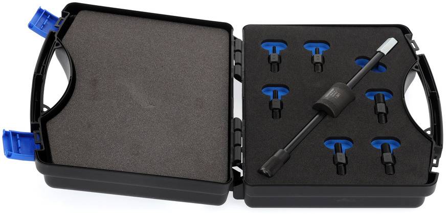 Geöffneter schwarzer Werkzeugkoffer mit Schaumstoffeinlage, enthält acht blaue Düsen und einen schwarzen Adapter in verschiedenen Fächern.