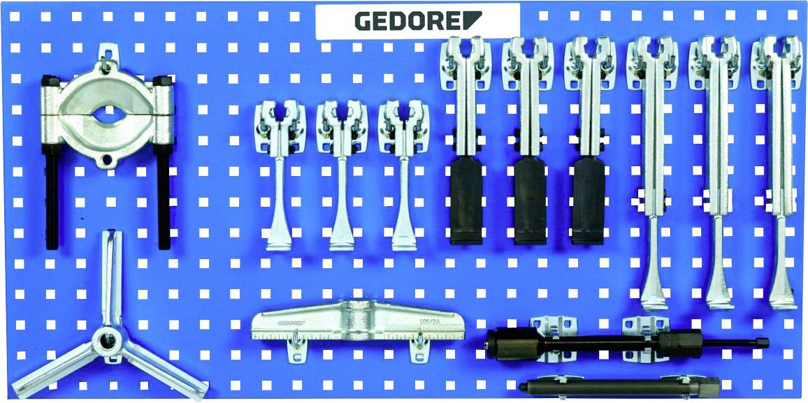 Werkzeugtafel mit verschiedenen Abziehwerkzeugen der Marke 'GEDORE', inklusive Haken, Verlängerungen und Spannvorrichtungen.