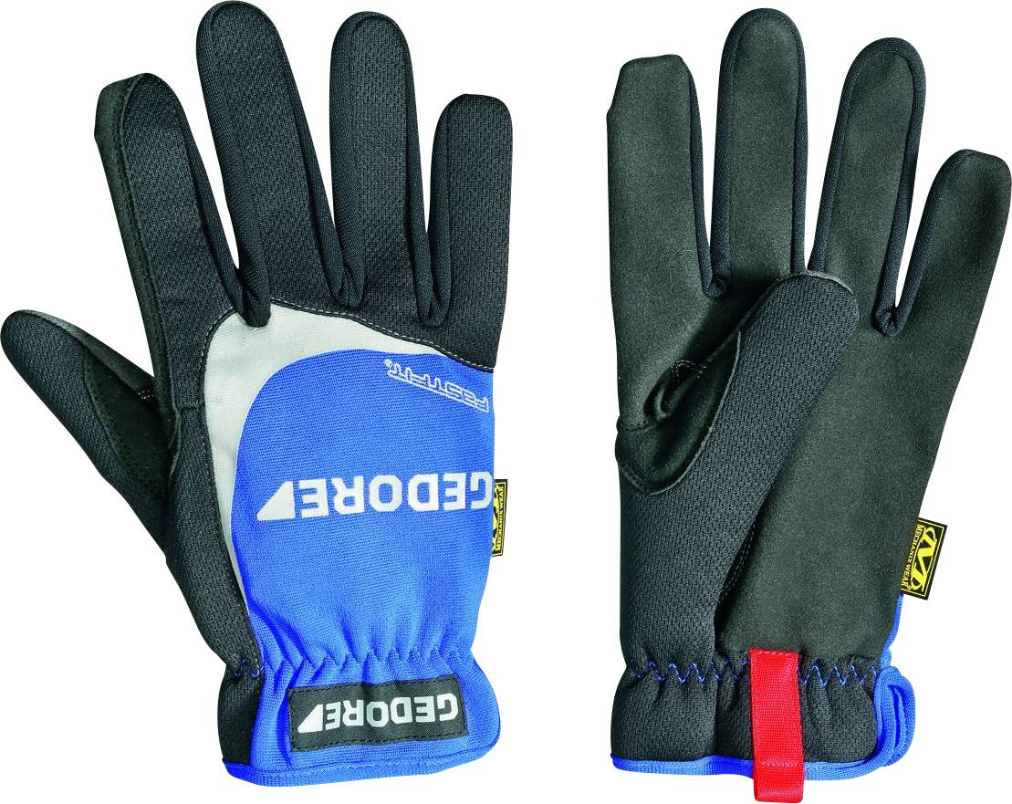 'CEDORE' blaue und schwarze Handschuhe, robustes Design, geeignet für Arbeit und Sport. Linker Handschuh mit sichtbarem Aufhänger.