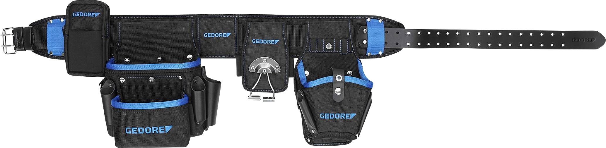 Werkzeuggürtel mit mehreren Fächern und Taschen, schwarz mit blauen Akzenten und dem Logo 'Gedore'. Ideal zum Tragen von Werkzeugen.