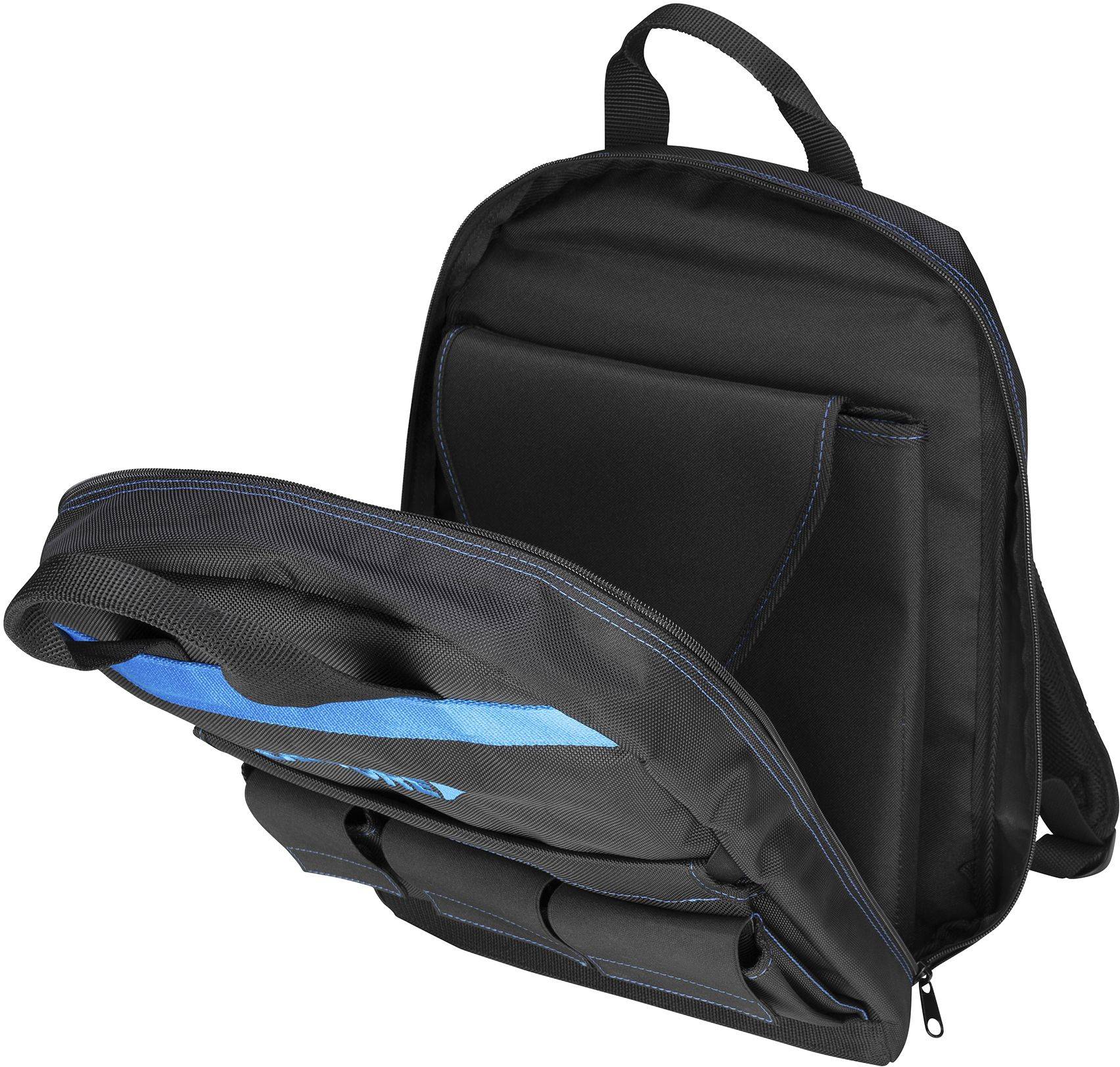 Schwarzer Rucksack mit blauem Innenfutter, geöffnet, zeigt Fächer für Laptop und Zubehör.